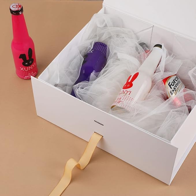 White Large Gift Box 13x11x5.3 Inches With Ribbon, Lid Magnetic Closure, Christmas, Rectangle Collapsible for Men Shoes (Glossy White)