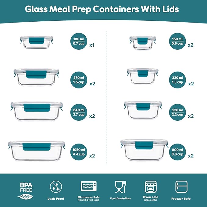 GENICOOK Airtight Glass Meal Prep Containers 15-Pack with Locking Lids, Leak-Proof Food Storage Containers Set, BPA-Free, Safe for Microwave, Oven, Freezer, Dishwasher