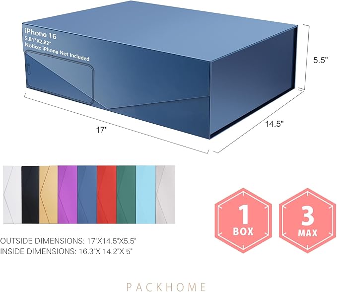PACKHOME 17x14.5x5.5 Inches, 3 Extra Large Gift Boxes with Lids, Magnetic Closure Boxes for Clothes and Large Gifts (Glossy Blue)