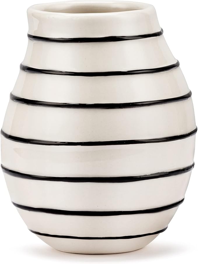DEMDACO Black and White Stripe Yellow Sun 4 x 5 Stoneware Mini Decorative Vase