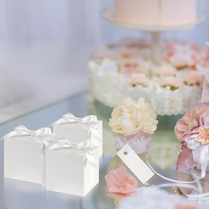 48 Pcs Christmas Gift Boxes with Ribbon Small Party Favor Boxes with Lids Mini Treat Candy Container for Wedding, Party, Birthday, Valentine's Day and More(White,6 Inch)