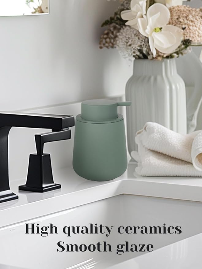 INGOFIN Ceramic Lotion Dispenser - 12oz Refillable Hand Soap Dispenser Bathroom, Modern Liquid Dispenser with Pump, Dish Dispenser for Kitchen, Matte Green