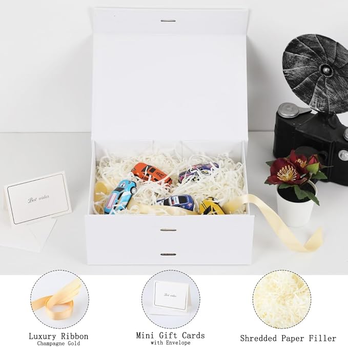 BoxSkivra White Gift Box with Shredded Paper 1 Pack 9.5X7X4 Inch Small Magnetic Gift Box with Lid Rectangle Collapsible Luxury Box with Ribbon for Presents Crinkle Cut Paper Shred with Card