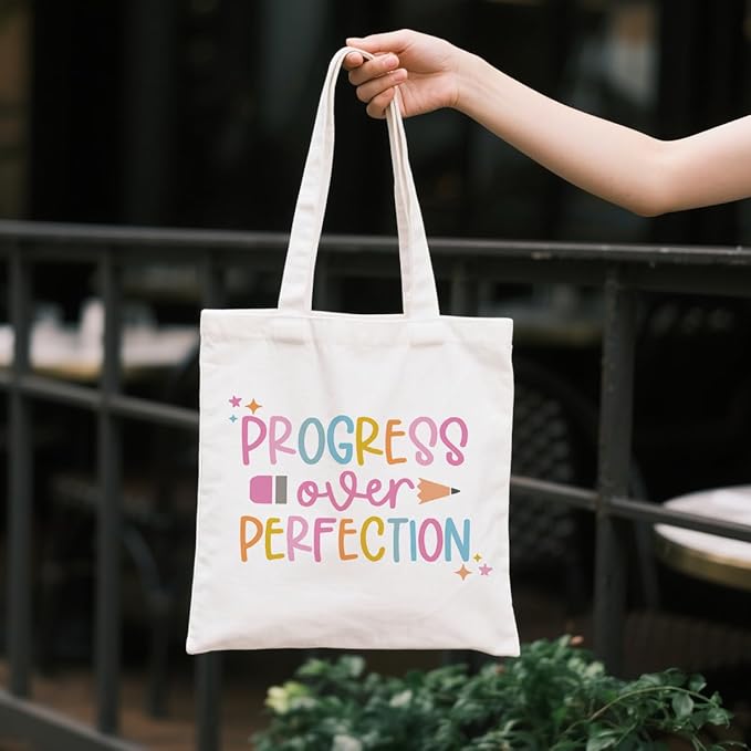 Inspirational Canvas Tote Bag, Progress Over Perfection Tote Bag, Casual Canvas Totes for Work Traveling, Reusable Grocery Shoulder Shopping Bags, Christmas Gifts to Women Friends
