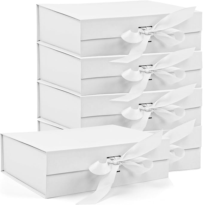 Large Gift Box, 5-Pack Magnetic Lid Gift Box Ribbon Closure Bo Elegant Gift Packaging Luxury Decorative,10.5x7.5x3.1" - Multi-Occasion Packaging Boxes (White)