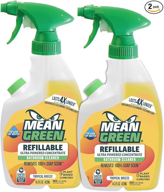 Mean Green Refillable Ultra Powered Bathroom Cleaner Concentrate, Tropical Breeze, 14.3 fl oz (2-Pack) – Plant & Mineral Based, Removes 100% of Soap Scum, Refillable Bottle Makes 4X Refills