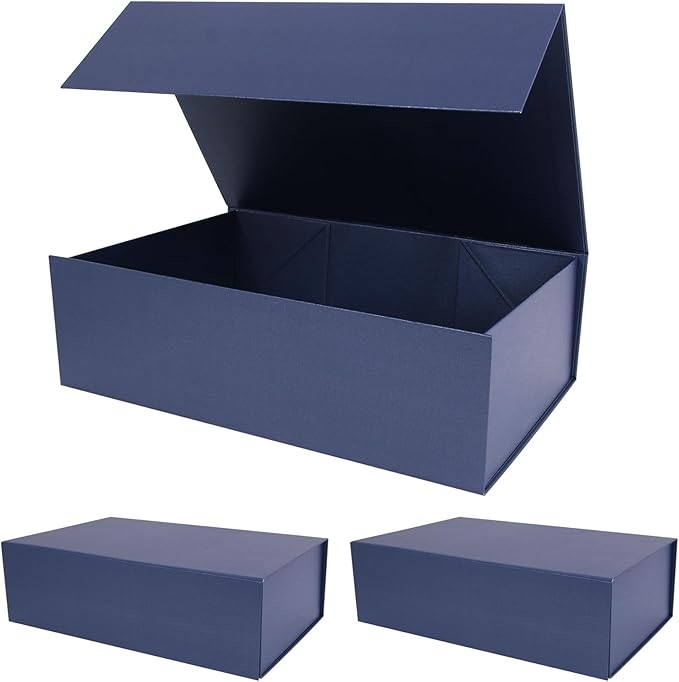 Aimyoo Navy Blue Collapsible Gift Box with Magnetic Closure Lids 13.8x9x4.3 in, Bridesmaid Groomsmen Proposal Box, Large Rectangle Box for Present Graduation Storage 3 Pack (GIFT BOX-NB-L3)