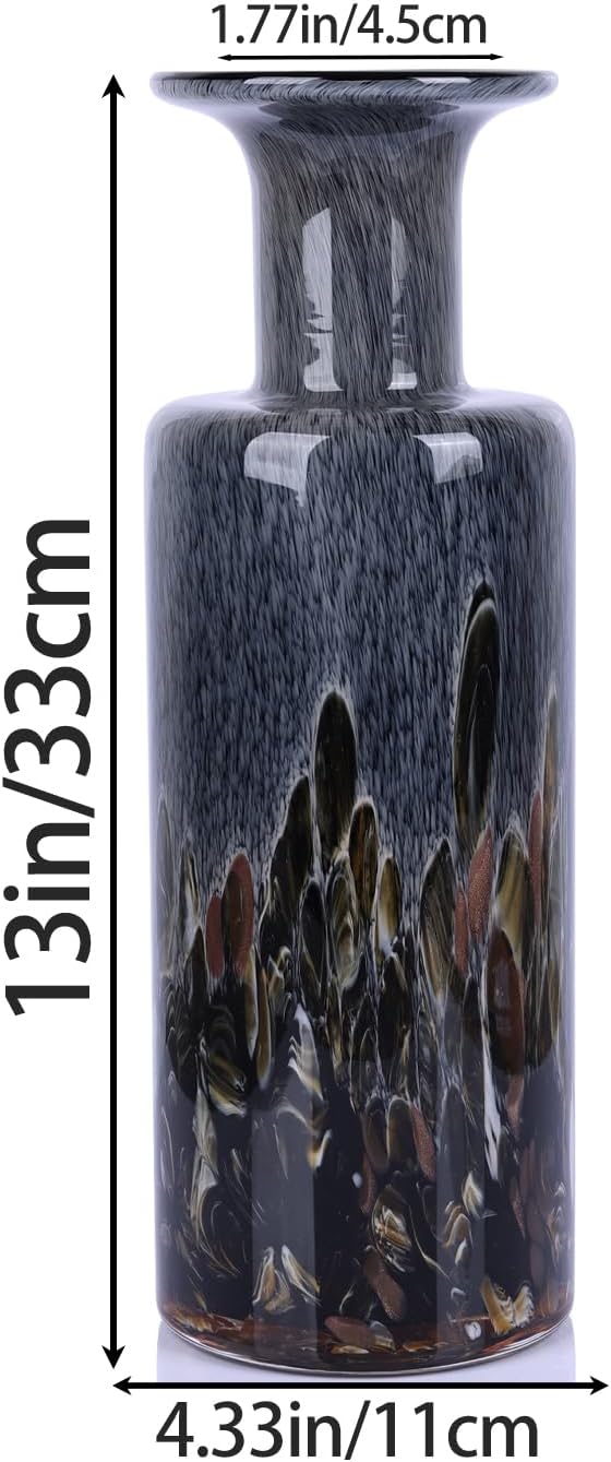 Blown Glass Cylindrical vase, Modern Art Glass Tall vase for Home Decoration Table Centerpiece, Wedding, Living Room Coffee Table, entryway Entry Table top, TV Cabinet Decoration and Ornament. (Grey)