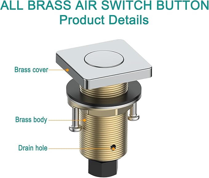 KANARY Square Garbage Disposal Air Switch Kit, Sink Top Air Push Brass Button for Waste Disposer, Safe for Wet Hands Food(Chrome)