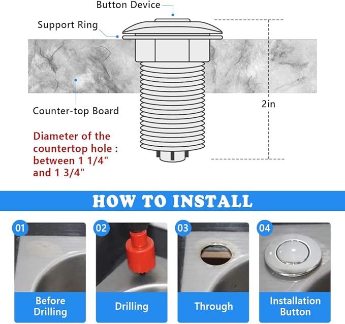Garbage Disposal Switch, Cordless Air On Off Kit for Food Waste Disposer, Brushed Gold, LONG 3.5" Sink Top Push Button by CLEESINK