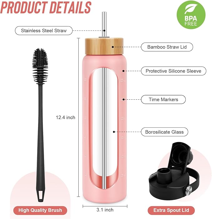 32 oz Glass Water Bottles - 1 Liter Motivational Tumbler Water Bottle Time Marker - Borosilicate Glass Water Bottle With Silicone Sleeve and 2 Lids, Handle Spout & Bamboo Straw Lid