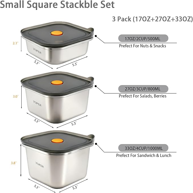 YUPER Stainless Steel Food Containers, Meal Prep Containers, Bacon Cheese Sandwich Container for Refrigerator, Stainless Steel Containers with Airtight Lids, 3 Pack (17+27+33OZ)