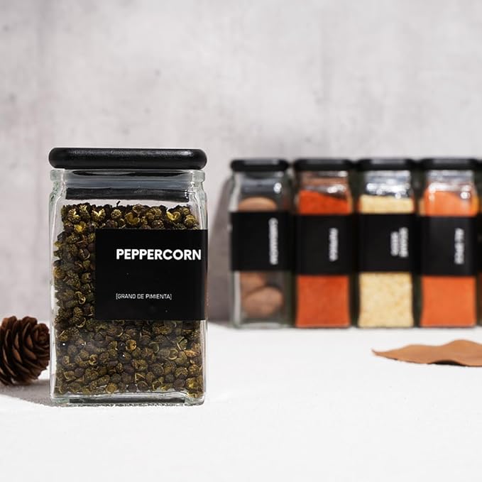 APT 1101 Glass Square Spice Jars with Labels, 4oz Glass Jars with Bamboo Lids, Spice Bottles, Seasoning Organizer, 12 Pack (Black)