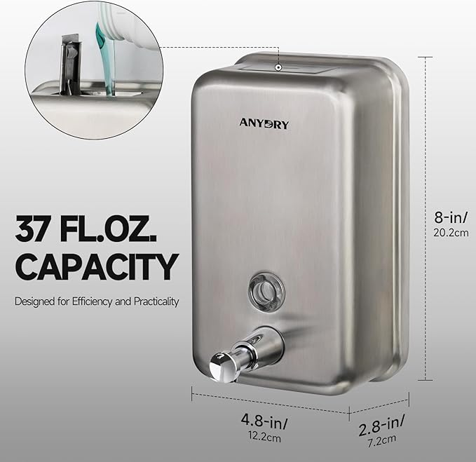 Commercial Soap Dispenser Wall Mount, Brushed Stianless Steel Finish Manual Soap Dispenser - 37oz (1100ml) Model 1003