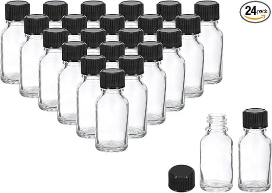 PATIKIL 0.5oz(15ml) Glass Sample Bottles, 24Pcs Round Bottle Dispensing Bottles with Black Poly Cone Cap for Reagent Liquids, Juice, Perfume Hot Sauce Ginger Shots, Transparent