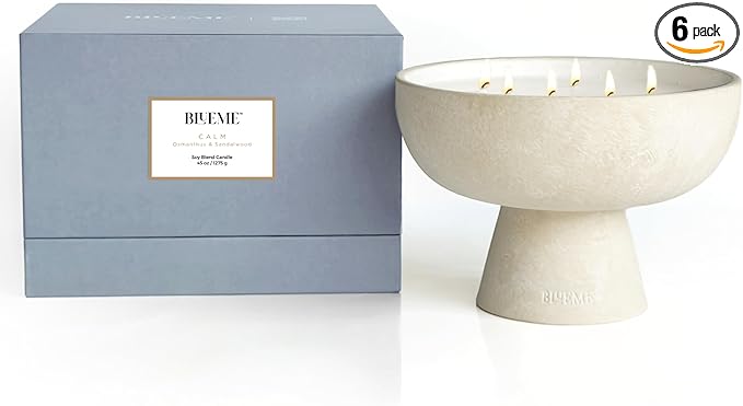 BLUEME Calm - Osmanthus & Sandalwood, Luxury Candle w/Essential Oils, 6 Wick, Hand-Poured Soy, Cotton Wick, Ceramic