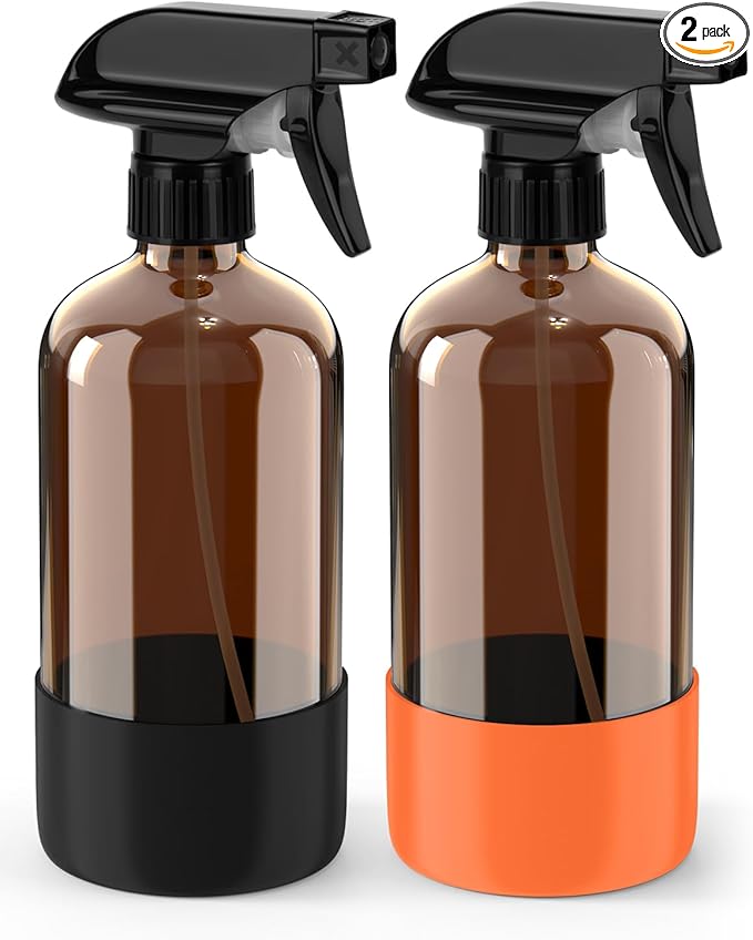 Glass Spray Bottle with Silicone Sleeve Protection, Amber Glass Spray Bottle Set for Window Cleaner Aromatherapy Facial Hydration Watering Flowers Hair Care 2 Pack/16 oz (Black & Orange, 16 oz)