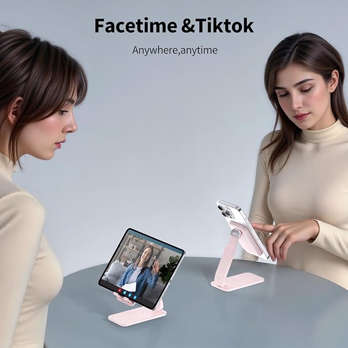 iWALK Magnetic Cell Phone Stand for Desk, Angle and Height Adjustable Mobile Phone Holder, Foldable Magnet Stand for iPhone 17 16 15 14 13 12 Pro Max and iPad, Cell Phone Holder for Samsung, Pink