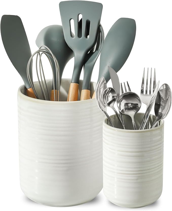 HASENSE Cooking Utensil Holder, 7.4"+5.5" Ceramic Kitchen Utensil Holder for Counter, Rustic Utensil Oganizer Crocks for Spatula, Kitchen Gift for Christmas Wedding, Set of 2, Clay-Infused White