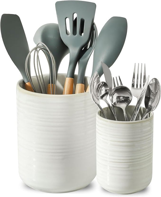 HASENSE Cooking Utensil Holder, 7.4"+5.5" Ceramic Kitchen Utensil Holder for Counter, Rustic Utensil Oganizer Crocks for Spatula, Kitchen Gift for Christmas Wedding, Set of 2, Clay-Infused White