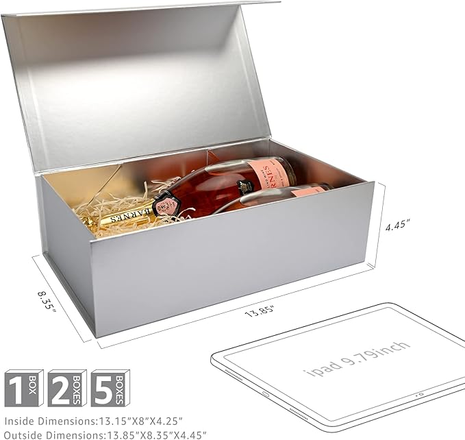 LIFELUM Gift Boxes with Lids,5 Pack 13.85 x 8.35 x 4.45 inch Silver Gift Boxes with Ribbon, Card, Shredded Paper Filler Gift Boxes for Presents,Graduation,Christmas,Birthdays