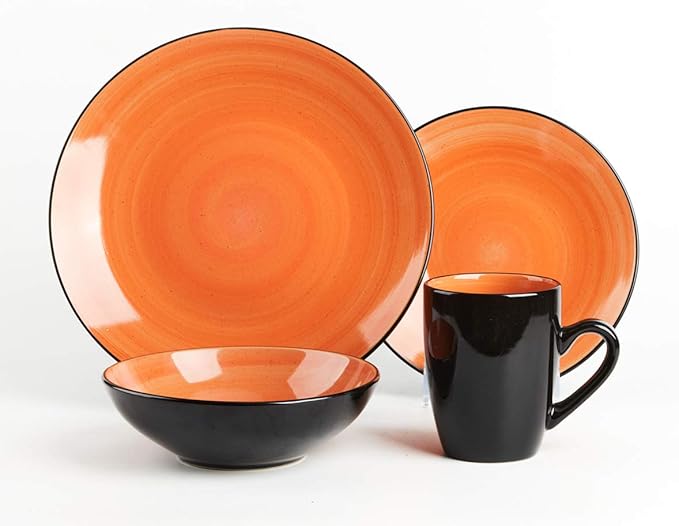 Sonoma 16 Piece Stoneware Dinner Set, Samoa, Outside Black + Inside Hand painted Combi Colors of Grey, Orange, Purple and Turquoise) with speckle