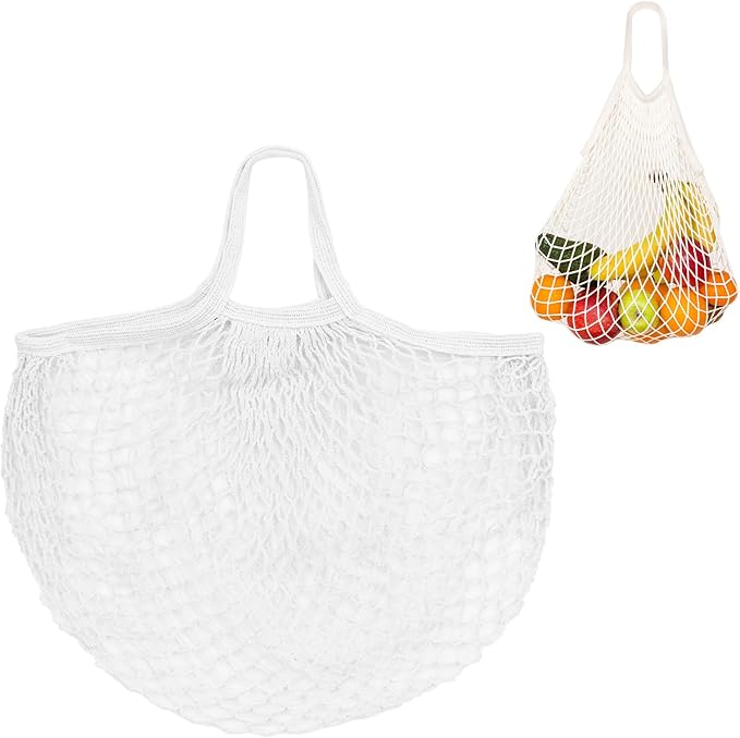 1-Pack Cotton Mesh Bag, Reusable Washable Mesh Net String Grocery Bags, Reusable Produce Bags with Handle, Net Tote Bag for Fruits/Vegetables Shopping [White, Short Handle]