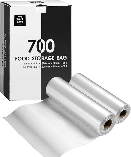 8"x12" & 10"x14" Quart & Gallon Plastic Produce Bags on a Roll- 350 Bags Each (700 Bags), Clear Grocery & Bread Bags, Food Contact Safe (Small & Medium)