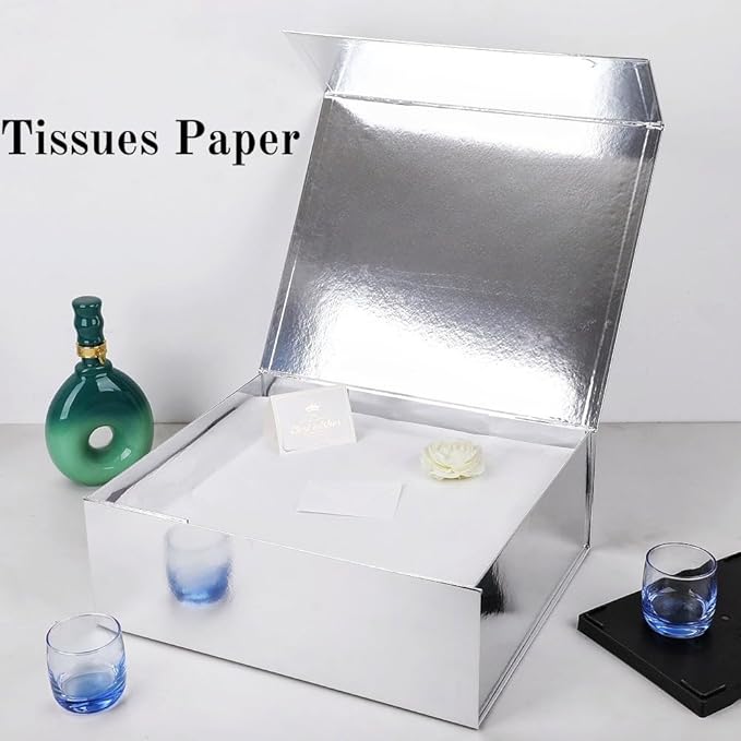 UoeRing 2 Pack Silver Gift Box Large 13.5x11.8x4.7 inch Luxury Gift Box for Presents with Magnetic Closure Lid Collapsible,Birthday,Contains Card, Ribbon, Tissue Paper,Shredded Paper Filler