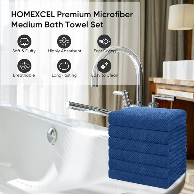 HOMEXCEL 6 Pack Bath Towel Set, (24 x 48 Inches) Microfiber Ultra Soft Highly Absorbent Bath Towels, Lightweight and Quick Drying Towels for Hotel, Bathroom, Spa and Beauty Parlor, Blue