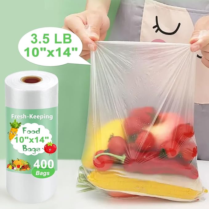 Plastic Produce Bags Roll, 10" x 14" Disposable Food Bag, Fresh-Keeping Plastic Bags for Food, Fruit, Vegetable, Refrigerator Storage, Kitchen, Supermarket, 1 Roll 400 Storage Bag