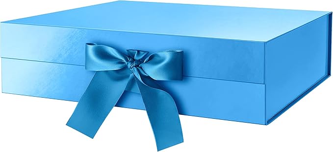 GREEN BEAN Large Gift Box with Lid for Presents 13x9.7x3.4 Inches, Fathers Day Blue Magnetic Gift Box with Ribbon, Groomsmen Proposal Box, Luxury Gift Boxes (Glossy Blue)