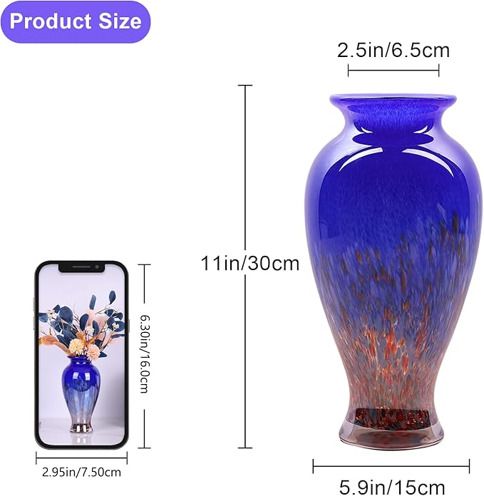 Hand Blown Glass Vase 11.8" Tall Beautiful Dark Blue Sea Wide Mouth Bud Vase for Table Centerpiece, Painted Colorful Murano Glass Flower Vases for - Home Entrance Wedding Center