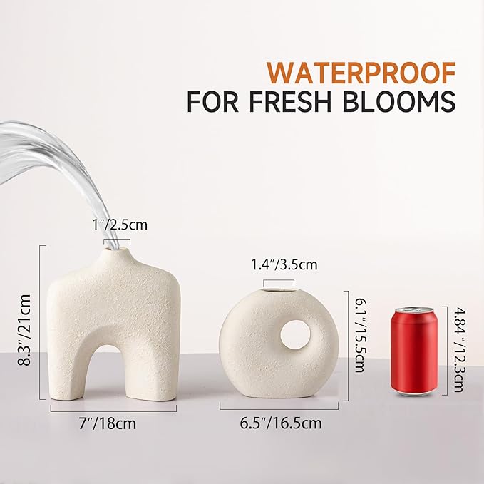 Ceramic Vase Set of 2, Modern Donut Vases for Minimalist Nordic Home Decor, Waterproof Round Vase, Decorative Centerpiece Vases for Living Room, Entryway, Bookshelf, Table Decor (Off White)
