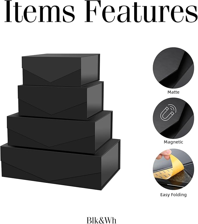 BLK&WH Magnetic Gift Boxes with Lids, Set of 4 Black Presents Boxes Assorted Sizes for Birthday, Wedding, Valentines, Christmas, Party, Baby Showers (Matte Black)
