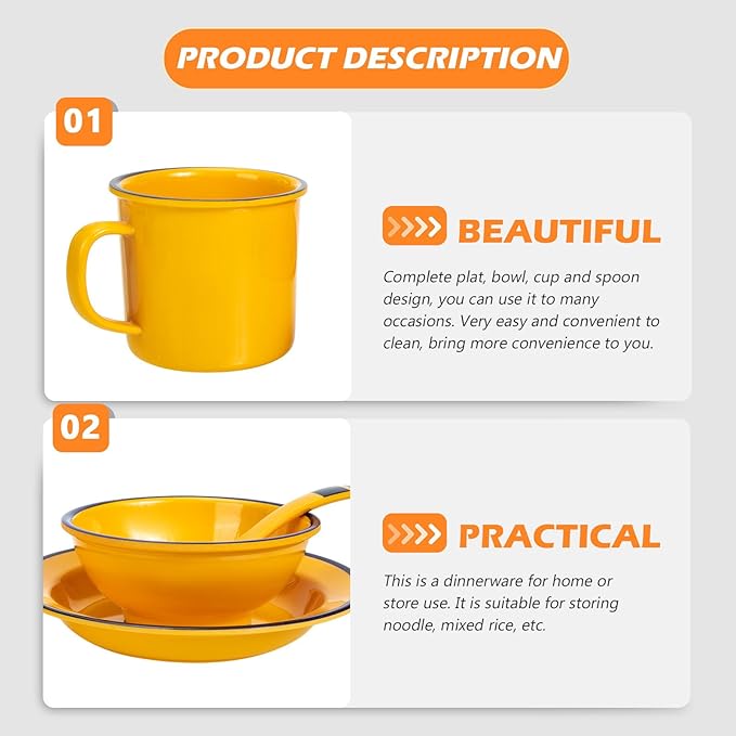 BESPORTBLE Melamine Dinnerware Set Yellow 4pcs Bowl Cup Plate Set Food Serving Containers Lightweight Unbreakable Tableware for Indoor Outdoor Dining