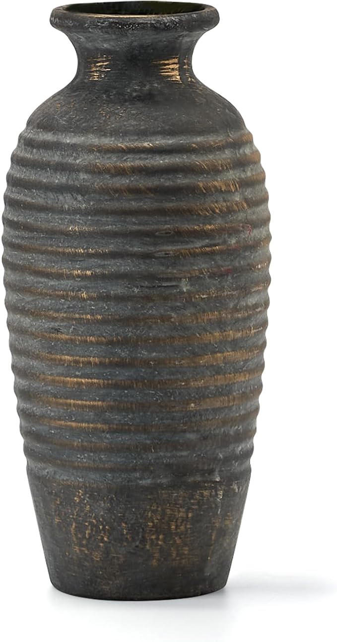Ceramic Natural Rustic Vase, 14.4 Inch Large Vintage Flower | Threaded Decorative | Farmhouse Tall Vase for Home Decor, Living Room, Shelf Decor, Gift, Bronze