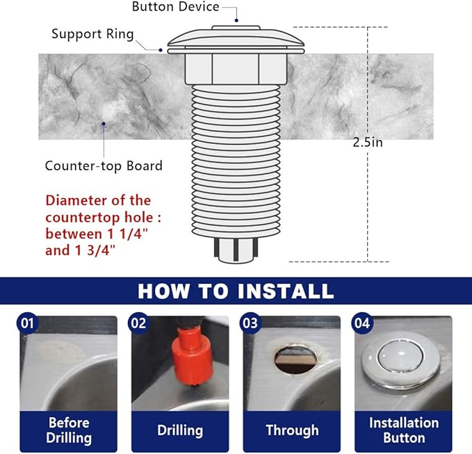 Garbage Disposal Switch, Cordless Air On Off Kit for Food Waste Disposer, Stainless Steel Polished, LONG 3.5" Sink Top Push Button by CLEESINK