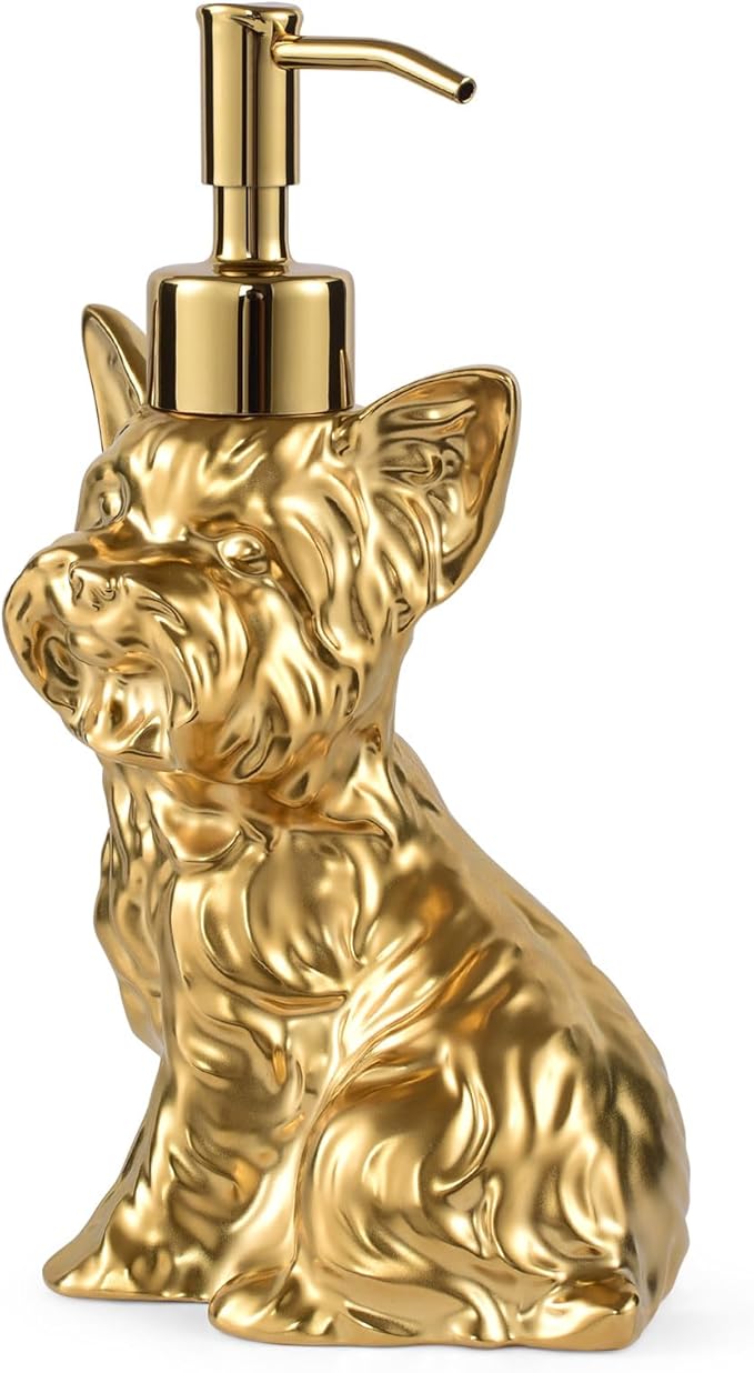 Yorkshire Terrier Shaped Soap/Lotion/Hand Sanitizer Dog Lover Stainless Steel Pump Dispenser for Dog Gifts, Refillable for Kitchen and Bathroom(Gold)