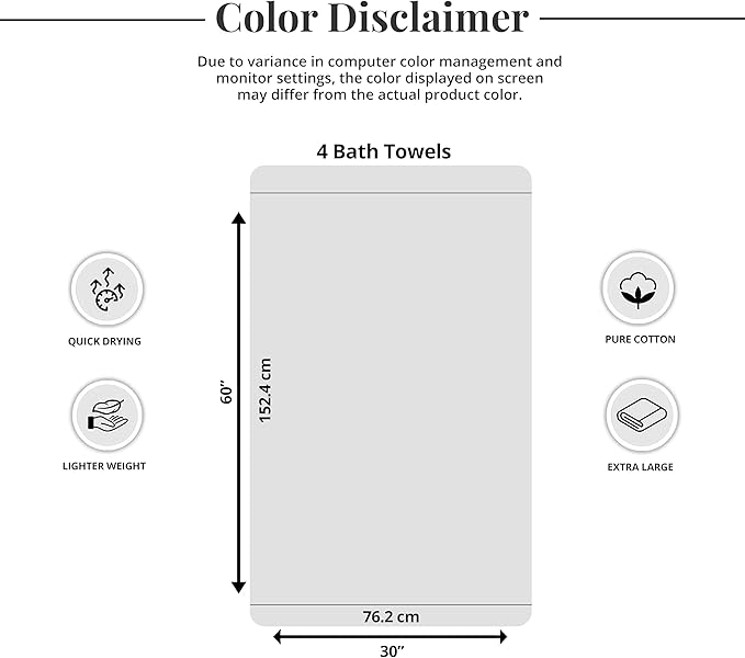 Tens Towels Pack of 4 Extra Large Bath Towels 30 x 60 Inches, 100% Cotton, Larger & Lighter Weight, Quicker to Dry, Super Soft and Absorbent, Perfect for Bathroom, Beige
