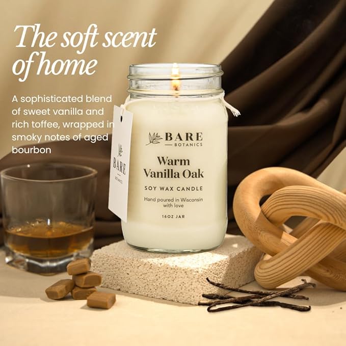 Bare Botanics Warm Vanilla Oak Scented Soy Candle - Premium Candle in 16 oz Mason Jar - 100% Natural Soy Wax & Plant-Based Fragrance Oils, Softly-Scented - Handpoured in WI - 85 Hrs Long Burning