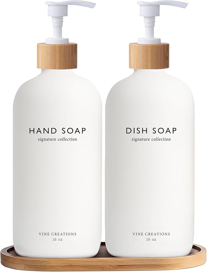 Vine Creations White Glass Soap Dispenser Set, Hand Soap and Dish Soap Dispenser Set with Bamboo Tray, 16 oz Glass Dispensers Bottle for Kitchen and Bathroom Decor Modern Boho with Bamboo Pump (White)
