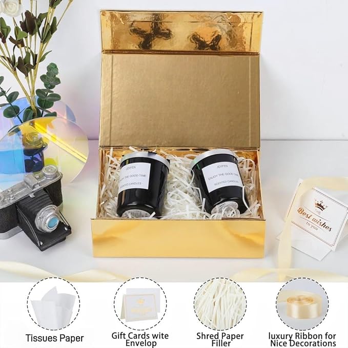 UoeRing 6 Pack Gold Gift Box 9.5x6x3 inch Small Luxury Gift Box for Presents with Magnetic Lid Collapsible,Bridesmaid Proposal,Contains Card, Ribbon, Tissue Paper,Shredded Paper Fille