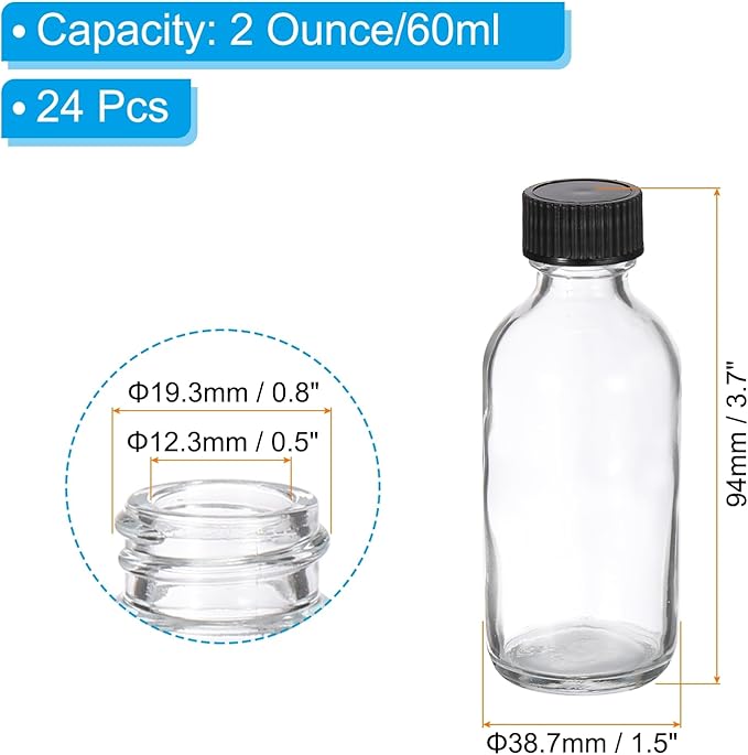 PATIKIL 2oz(60ml) Glass Sample Bottles, 24Pcs Round Bottle Dispensing Bottles with Black Poly Cone Cap for Reagent Liquids, Juice, Perfume Hot Sauce Ginger Shots, Transparent