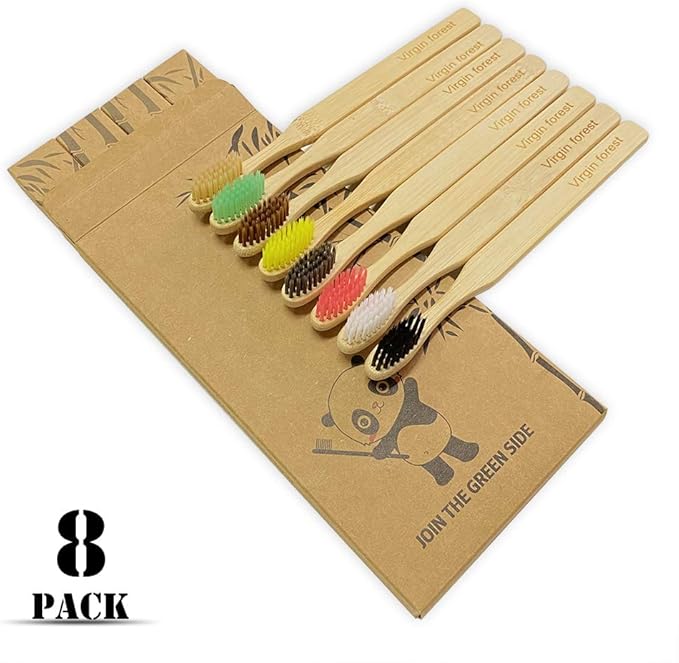 Virgin Forest 8 Pcs Bamboo Toothbrush, BPA-Free Soft Toothbrushes, Natural Eco-Friendly Biodegradable Best Travel Wood Toothbrush Set, for Sensitive Gums
