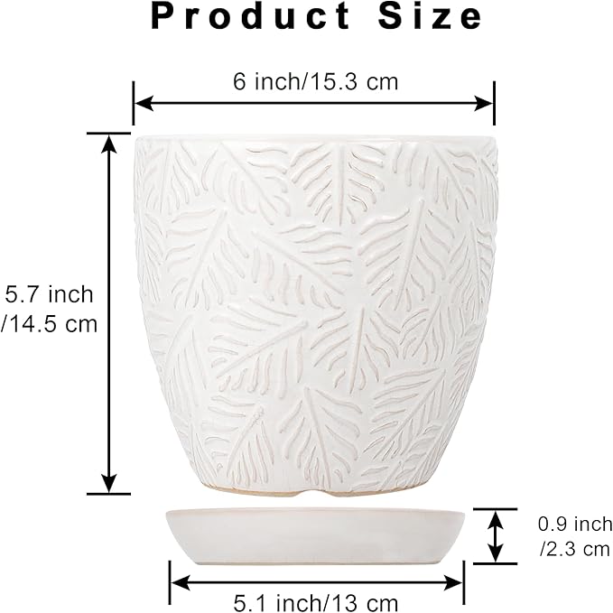 6 Inch Ceramic Plant Pots, Indoor Plant Pots with Drainage Hole & Saucer, Flower Pots, Unique Crackle Glaze Design, White Glaze - Set of 2