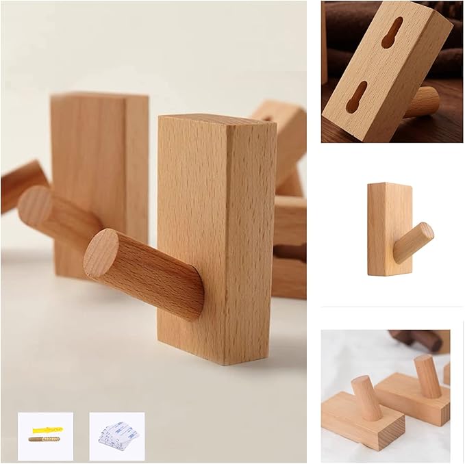 HomeDo 8Pack Adhesive Wall Hooks Hat Rack, Wooden Coat Hooks Wall Mounted, Decorative Single Organizer Hat Hanger Towel Rack, Heavy Duty Hooks (Rectangle-Beech,8P)