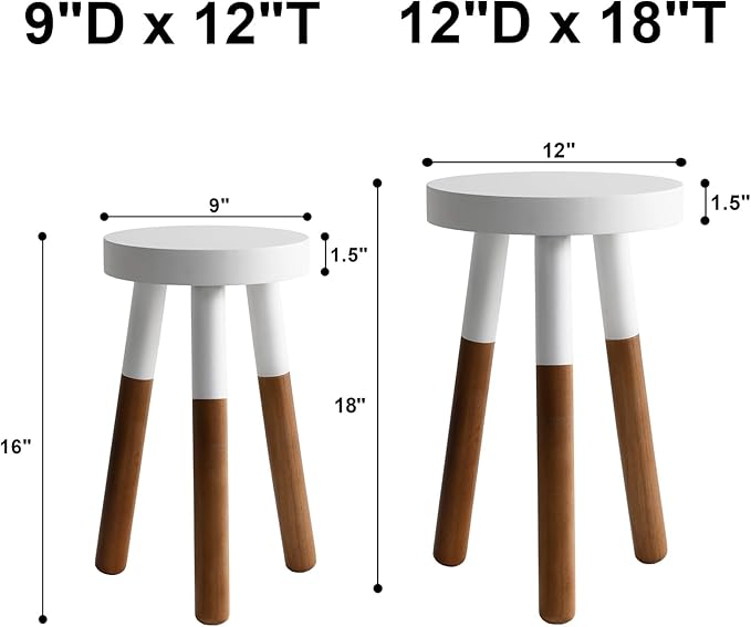 Reverse Dipped Wood Plant Stand, Wood Accent Stool,Milking Stool Set (16" H x 12" D+18" H x 12" D)
