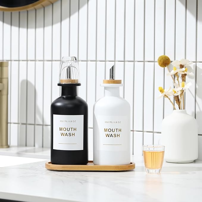 11.8OZ Mouthwash Dispenser for Bathroom with Bamboo & Stainless Steel Pour Spout, Mouthwash Cups Reusable, Bamboo Tray, and Elegant Gold Label. Set of 2（Black/White