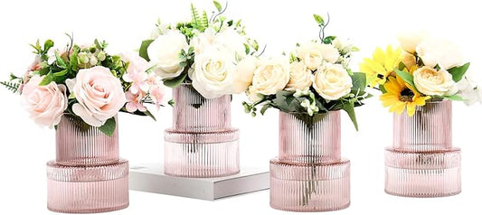 Ribbed Glass Vases, Set of 4 Small Vases for Flowers, Pink Glass Vase for Tulips, Modern Vase for Living Room, Kitchen, Office, Entryway, Bookshelf, Wedding Gifts, Birthday, 6 Inches